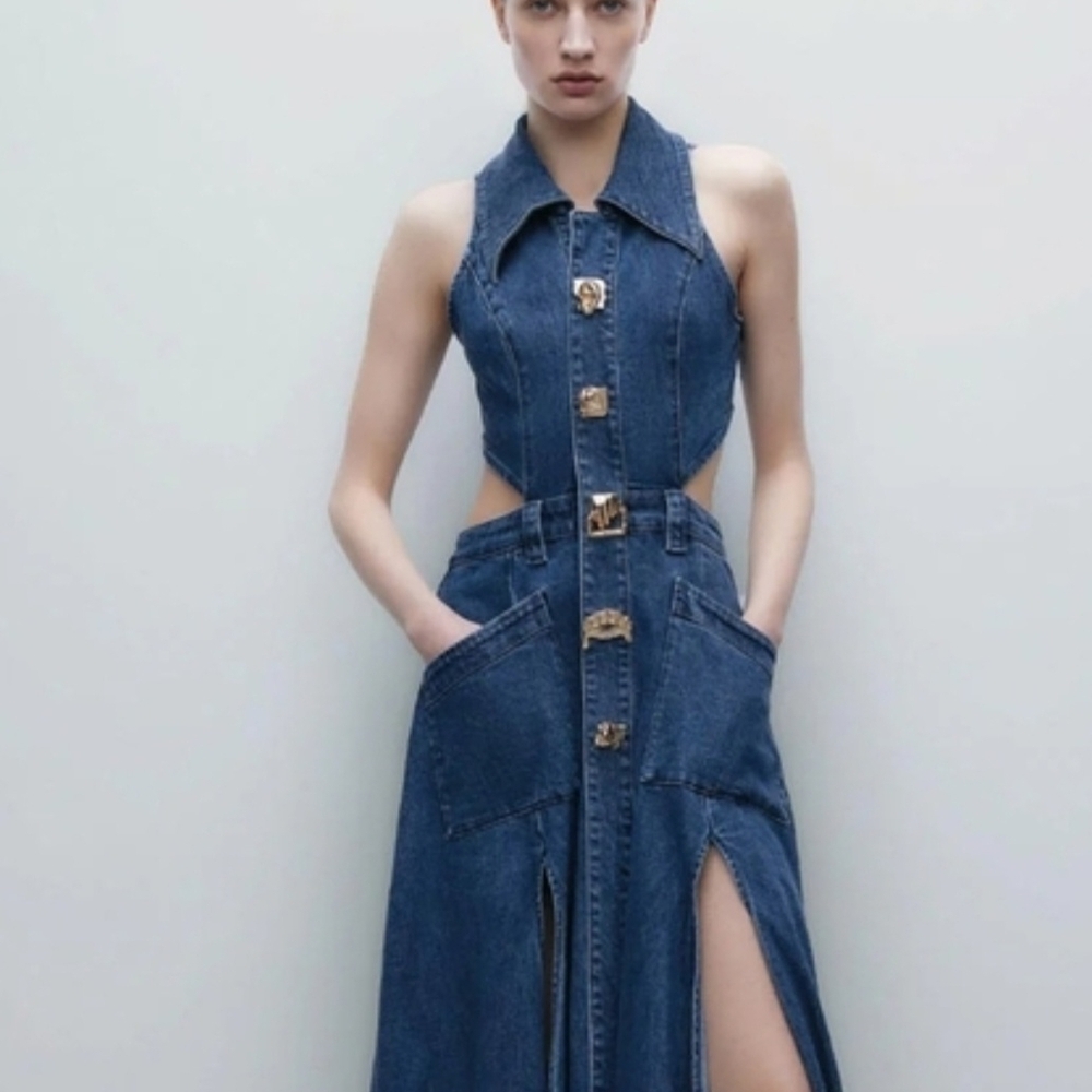Sleeveless Dark Blue Denim Cutout Maxi Dress
